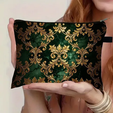 Barock-Stil Blumenmuster Große Münzbörse Wasserabweisende Polyester Kulturtasche Tragbare Reise Kosmetiktasche Unisex