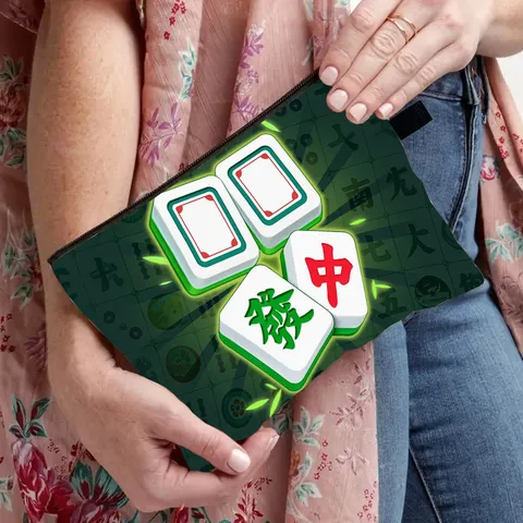 Mahjong Printed Storage Bag Large Capacity Cosmetic Makeup Pouch Rectangular Zipper Coin Purse Travel Organizer For Women Men