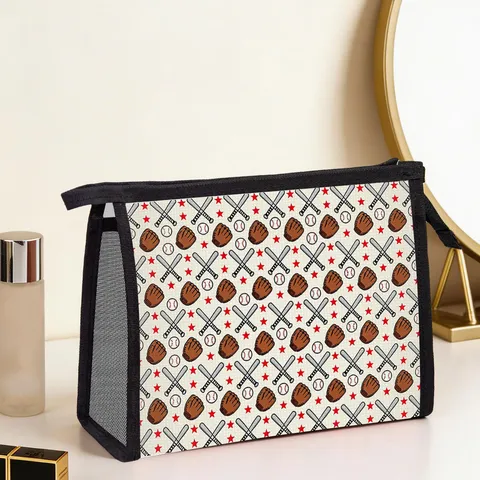 Tragbare Waschbeutel Mit Baseball Thema Große Kapazität Polyester Netz Kosmetiktasche Für Damen Reise Wohnheim Reißverschluss Aufbewahrungstasche
