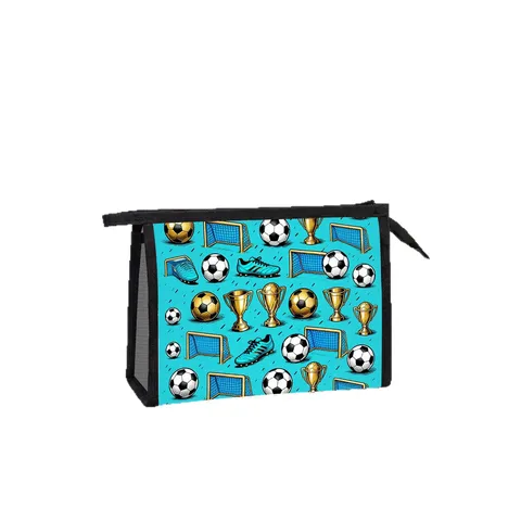 Borsa Cosmetica Portatile in Rete a Tema Calcio Organizer da Toeletta con Stampa Sportiva in Poliestere con Cerniera per Uomini Donne Atleti