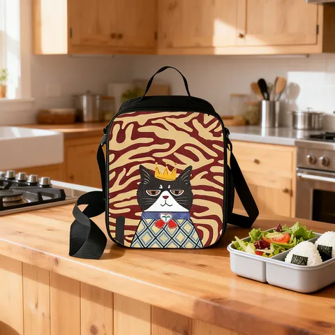 Cartoon Cat Large Capacity Square Lunch Bag Thermal Insulated Aluminum Foil Bento Bag Crossbody Portable Meal Bag For School