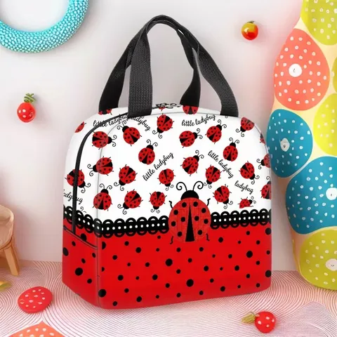 Borsa Pranzo Isolata in Poliestere Foglio di Alluminio Termica Coccinella Pois Modello Portatile Borsa Termica Picnic Contenitore per Donne Ufficio