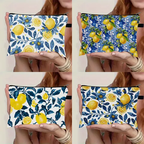 Fresh Mediterranean Lemon Floral Printed Coin Purse Double Sided Large Capacity Makeup Cosmetic Storage Bag Portable Travel Pouch Organizer For Women
