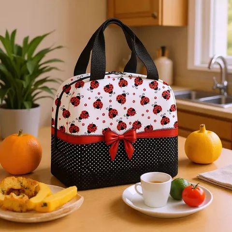 Borsa Pranzo Isolata in Poliestere Foglio di Alluminio Termica Coccinella Pois Modello Portatile Borsa Termica Picnic Contenitore per Donne Ufficio