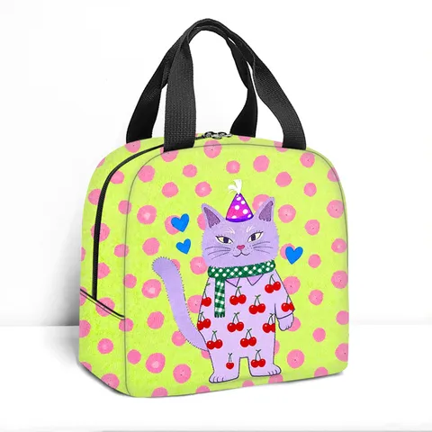 Simpatica Borsa Termica per il Pranzo a Pois con Gatto dei Cartoni Animati Borsa Termica per Bento in Poliestere per Ufficio Scuola Picnic Lavoratori Studenti Contenitore per Alimenti