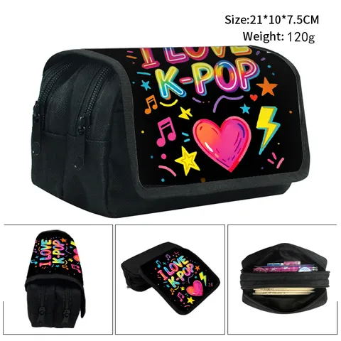 Korean Style Polyester Large Capacity Pencil Case K-pop Theme Printed Water Resistant Flap Stationery Storage Bag For Students Office