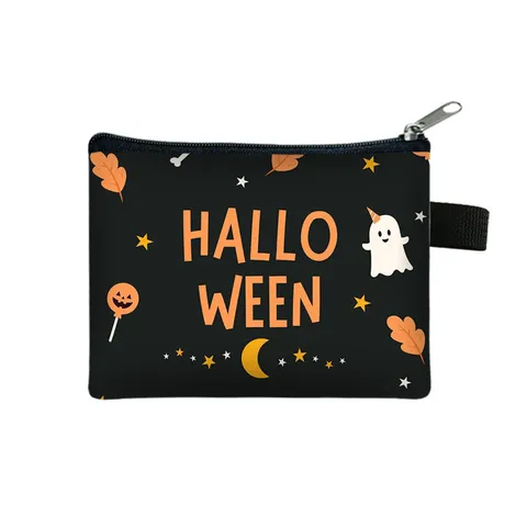 Halloween Mini Coin Purse Portable Zipper Storage Bag Cartoon Ghost Pumpkin Black Cat Printed Small Wallet For Kids Women Gifts