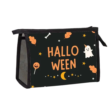 Halloween Ghost Black Cat Printed Toiletry Bag Polyester Mesh Zipper Makeup Organizer Pouch Portable Travel Wash Bag For Women