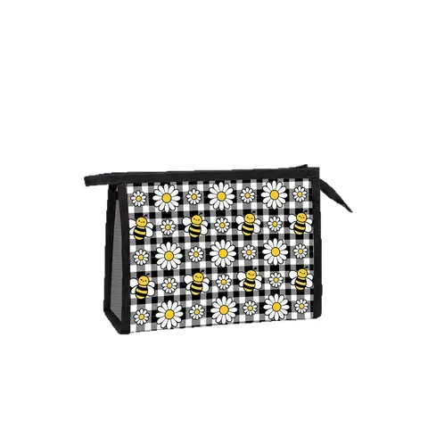 Portable Bee Grid Print Mesh Cosmetic Bag Women Travel Toiletry Storage Bag Large Capacity Breathable Makeup Organizer Case