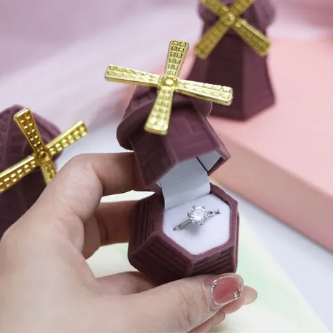 Windmill Style Ring Box Flocking Jewelry Storage Box Cute Earring Display Box Gift Ring Holder For Women Jewelry