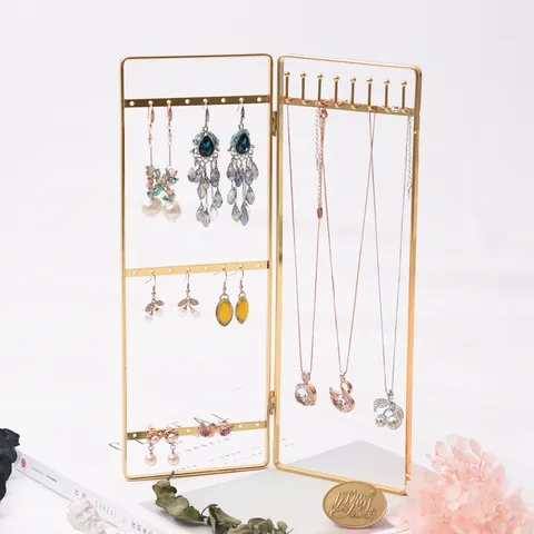 Vintage Metal Folding Jewelry Display Stand Gold Screen Earring Necklace Organizer Holder for Home Desktop
