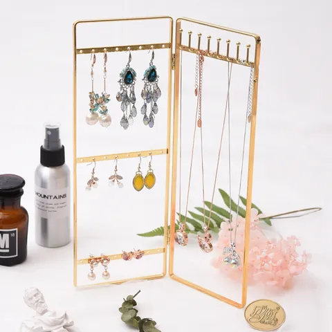 Vintage Metal Folding Jewelry Display Stand Gold Screen Earring Necklace Organizer Holder for Home Desktop