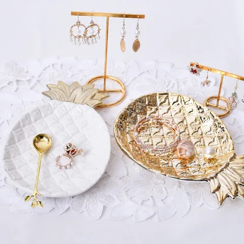 Ceramic Pineapple Leaf Jewelry Tray Electroplated Gold White Storage Dish Desktop Decorative Ornament Home Decor