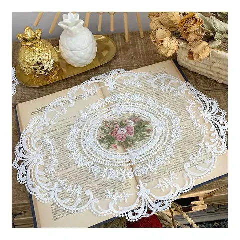 Vintage French Floral Embroidered Lace Tablecloth Table Mat Dust Cover Photography Background Cloth