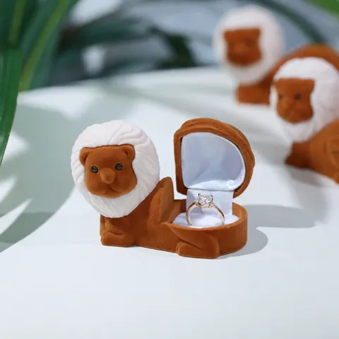 Scatola per Gioielli con Leone Carino Marrone Floccato Custodia per Anelli Portatile
