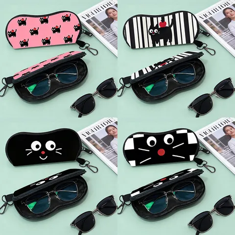Niedliche Cartoon Katze Muster Sonnenbrillentasche Tragbare Schützende Brillenetui Mit Karabinerhaken Reißverschluss Weiche Neopren Brillentasche Reiseaccessoire Für Damen Herren