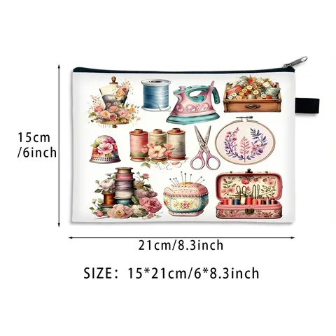 Printed Makeup Bag Polyester Travel Toiletry Organizer Portable Zipper Cosmetic Pouch For Women Sewing Pattern Gift