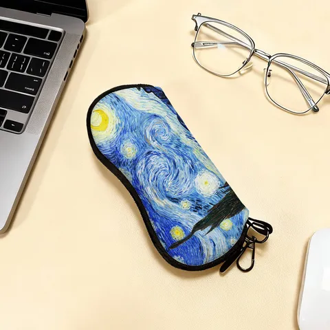 Portable Glasses Bag Oil Painting Pattern Sun Glasses Case Anti-Drop Zipper Eyewear Pouch With Hook Van Gogh Monet Art Style Travel Storage Organizer