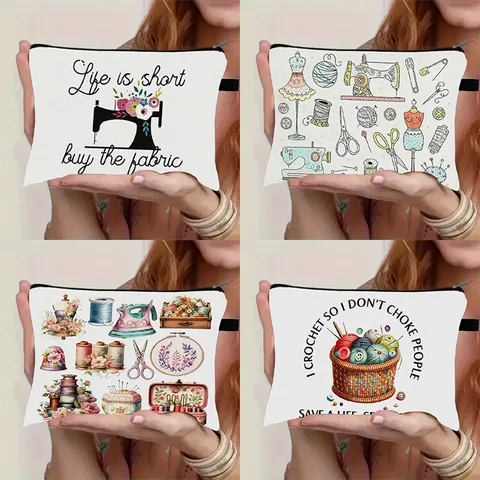 Printed Makeup Bag Polyester Travel Toiletry Organizer Portable Zipper Cosmetic Pouch For Women Sewing Pattern Gift