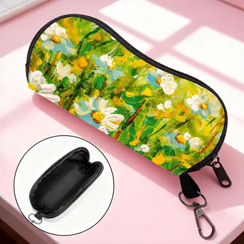Portable Artistic Oil Painting Sunglasses Case With Hook Neoprene Zipper Eyewear Bag Van Gogh Style Protective Storage Pouch For Travel