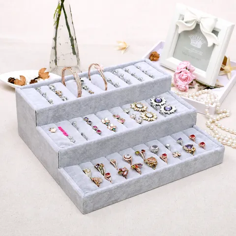Tiered Jewelry Display Stand Velvet Burlap Ring Bracelet Earring Storage Holder Showcase Stand Countertop Organizer