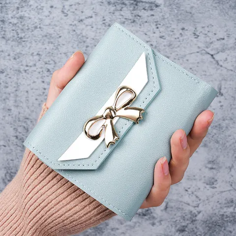 Women Short Wallet PU Leather Bowknot Trifold Coin Purse Simple Fashion Solid Color Multi Card Slot Clutch Wallet For Daily