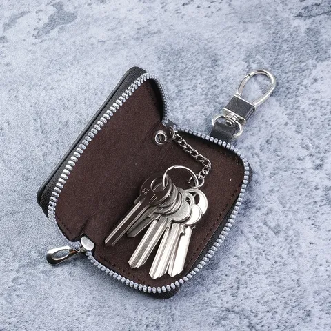 PU Leather Japanese Minimalist L-Shaped Zipper Key Case Coin Purse Portable Small Pocket Wallet With Metal Hook Keychain For Unisex