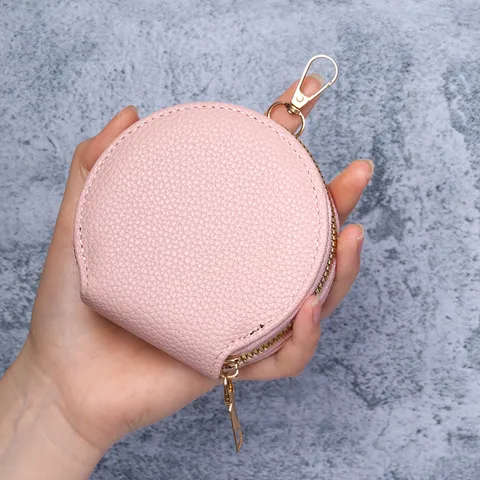 Mini Portamonete Rotondo in Pelle PU Motivo Litchi Pochette per Rossetto Gancio Dorato Portachiavi Ciondolo per Borsa da Donna Piccolo Portafoglio Regalo