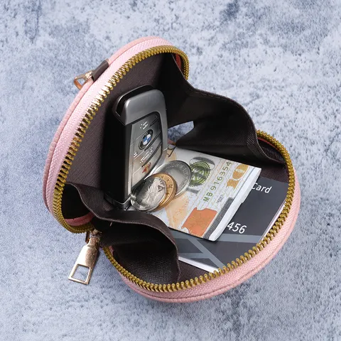Mini Portamonete Rotondo in Pelle PU Motivo Litchi Pochette per Rossetto Gancio Dorato Portachiavi Ciondolo per Borsa da Donna Piccolo Portafoglio Regalo