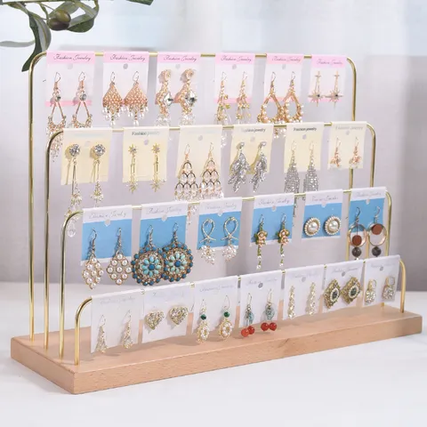 Massief Hout Metaal Sieraden Display Standaard Gelaagde Oorbel Houder Organizer Met Kaarten Voor Thuis Winkel
