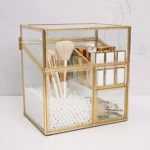 Scatola di Immagazzinaggio Cosmetica in Vetro Trasparente Bordo in Ottone Organizer per Trucco con Coperchio Contenitore per Gioielli da Scrivania