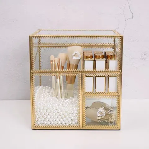 Scatola di Immagazzinaggio Cosmetica in Vetro Trasparente Bordo in Ottone Organizer per Trucco con Coperchio Contenitore per Gioielli da Scrivania