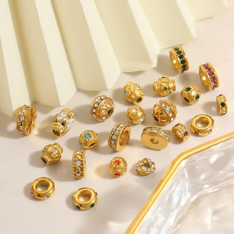 18K Gold Plated Stainless Steel Geometric Beads Zirconia Inlaid Hollow Spacer Beads For DIY Jewelry Making Accessories Pendants