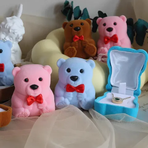 Süßer Cartoon Bär Flock Schmuckkästchen Ring Ohrring Aufbewahrungsbox Samt Schleife Tragbare Kleine Schmuckschatulle Geschenk