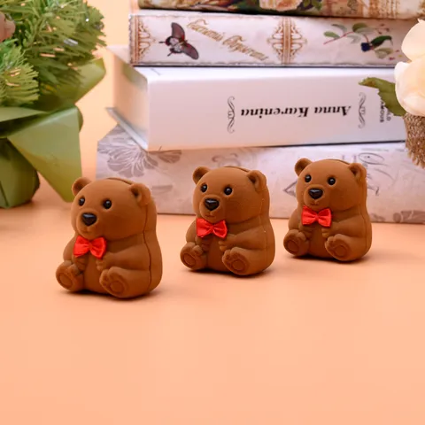Süßer Cartoon Bär Flock Schmuckkästchen Ring Ohrring Aufbewahrungsbox Samt Schleife Tragbare Kleine Schmuckschatulle Geschenk