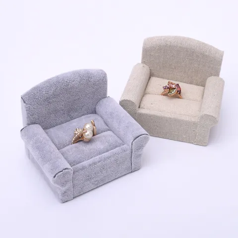 Mini Sofa Ring Display Stand Velvet Linen Jewelry Storage Box Cute Ring Holder Organizer For Earrings Showcase Home