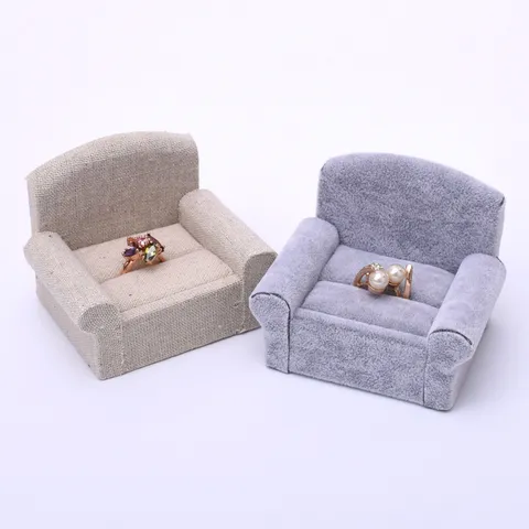 Mini Sofa Ring Display Stand Velvet Linen Jewelry Storage Box Cute Ring Holder Organizer For Earrings Showcase Home