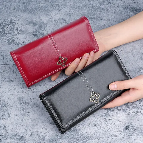 Portafoglio Lungo in Pelle PU Retrò da Donna Cuciture Eleganti Portamonete Multi Slot Elegante Chiusura a Trifoglio in Metallo
