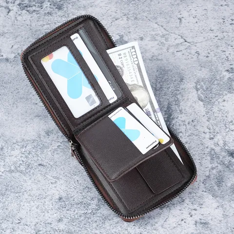 Men Short Zip Around Wallet Large Capacity Multi Card Slot PU Leather Purse Retro Stripe Print Bi-fold Wallet
