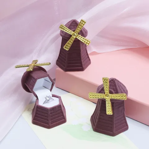 Windmill Style Ring Box Flocking Jewelry Storage Box Cute Earring Display Box Gift Ring Holder For Women Jewelry