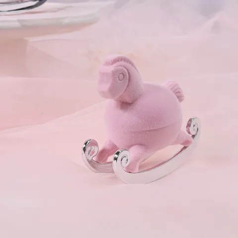 Cute Little Rocking Horse Jewelry Box Pink Flocked Ring Studs Necklace Storage Organizer Case For Women Gift