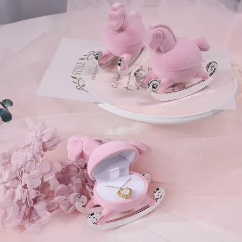 Cute Little Rocking Horse Jewelry Box Pink Flocked Ring Studs Necklace Storage Organizer Case For Women Gift