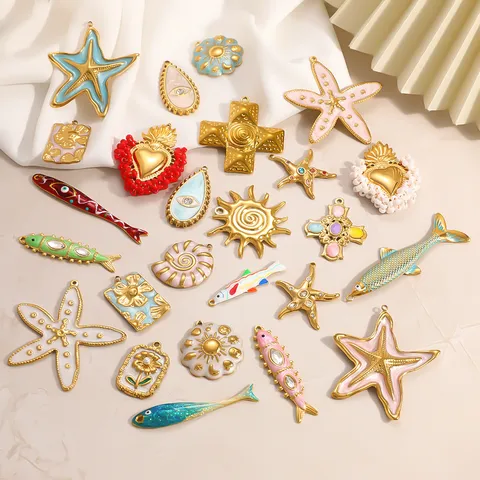 Ciondoli In Acciaio Inossidabile Placcato Oro 18K Per Creazione Gioielli Croce Cuore Pesce Smalto Strass Charms Fai Da Te