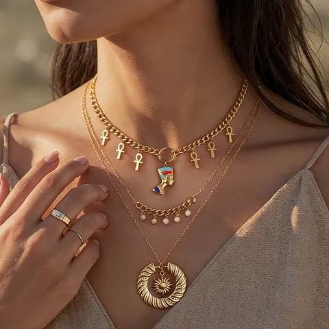 Vintage Egyptian Stainless Steel Nefertiti Pharaoh Ankh Cross Pendant Necklace 18K Gold Plated Enamel Ethnic Jewelry For Women
