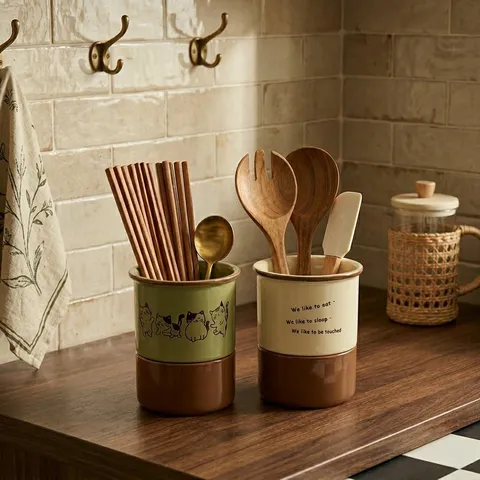 Porte-baguettes en Céramique de Chat de Dessin Animé Mignon Cuisine Boîte de Rangement de Drainage Organisateur de Couverts de Bureau Décoration de la Maison