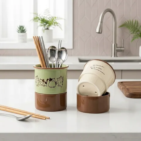 Porte-baguettes en Céramique de Chat de Dessin Animé Mignon Cuisine Boîte de Rangement de Drainage Organisateur de Couverts de Bureau Décoration de la Maison