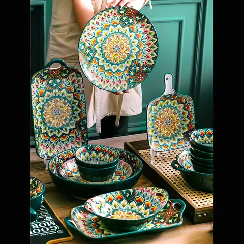 Set Ciotola e Piatto in Ceramica Boema Verde Motivo Mandala Retro Stoviglie Sottosmalto per Cucina
