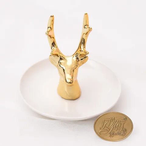 Ceramic Deer Head Jewelry Dish Gold Plated Trinket Tray Decorative Animal Ring Dish Storage Tray For Earrings