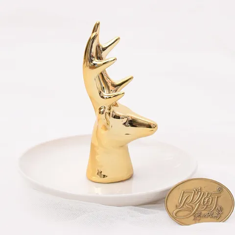Ceramic Deer Head Jewelry Dish Gold Plated Trinket Tray Decorative Animal Ring Dish Storage Tray For Earrings