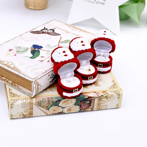 Scatola per Anelli Floccata Babbo Natale Carina Scatola portaoggetti per Gioielli con Cartoni Animati Custodia per Anelli in Velluto Rosso per Regalo di Natale Confezione di Gioielli